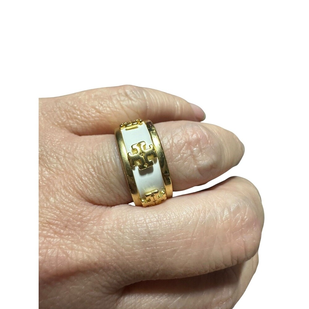 Tory Burch Ring Enamel Raised Logo Ring White Gold Band Size 8 NWT